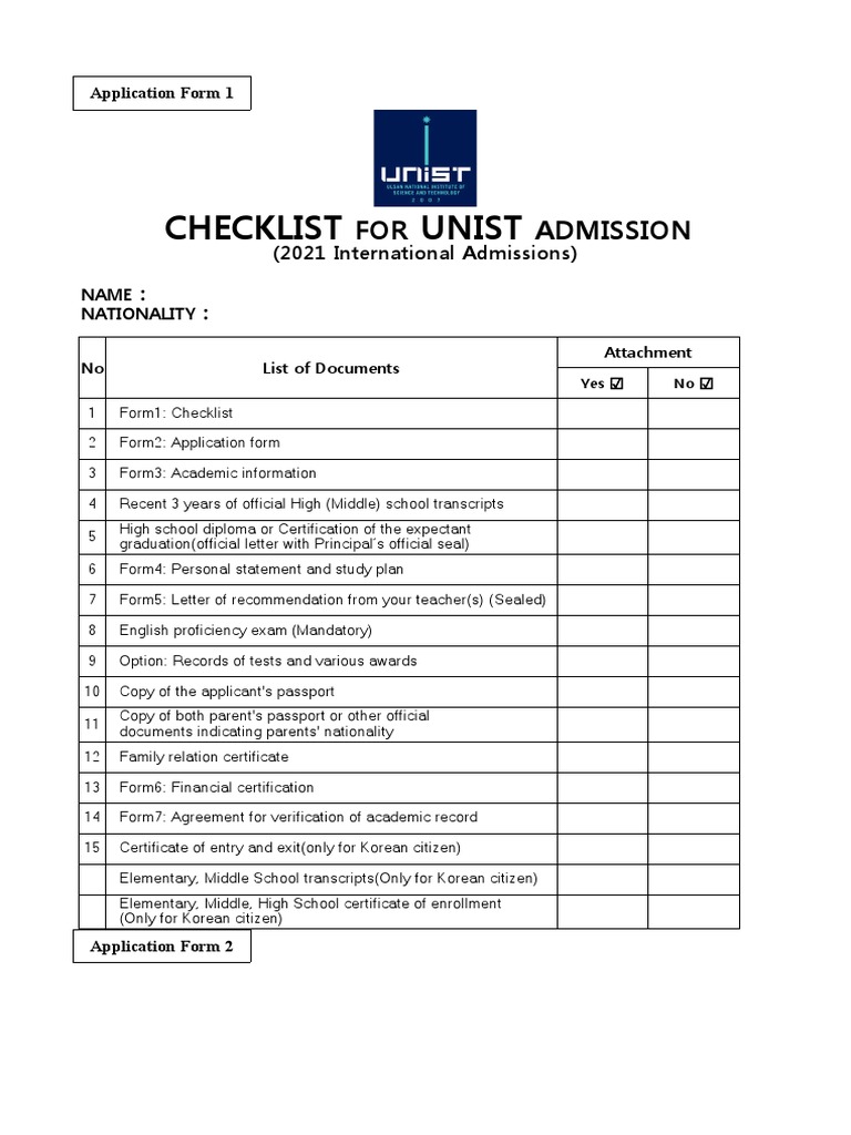 UNIST International Admission Checklist | PDF | University And College ...