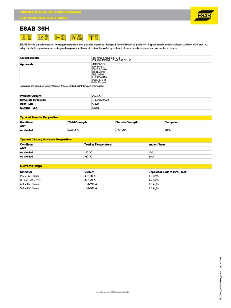 Esab 36H Covered (Stick) Electrodes (Smaw) Low Hydrogen Electrodes
