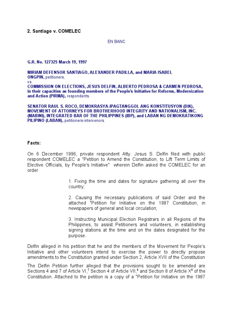 Santiago v. COMELEC Case Digest PDF Initiative Constitutional