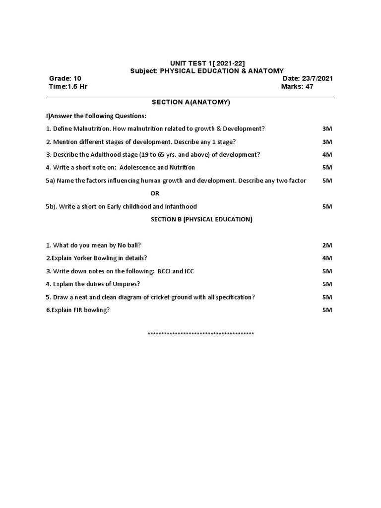 Grade 10 Physical Education Test 2021 | PDF