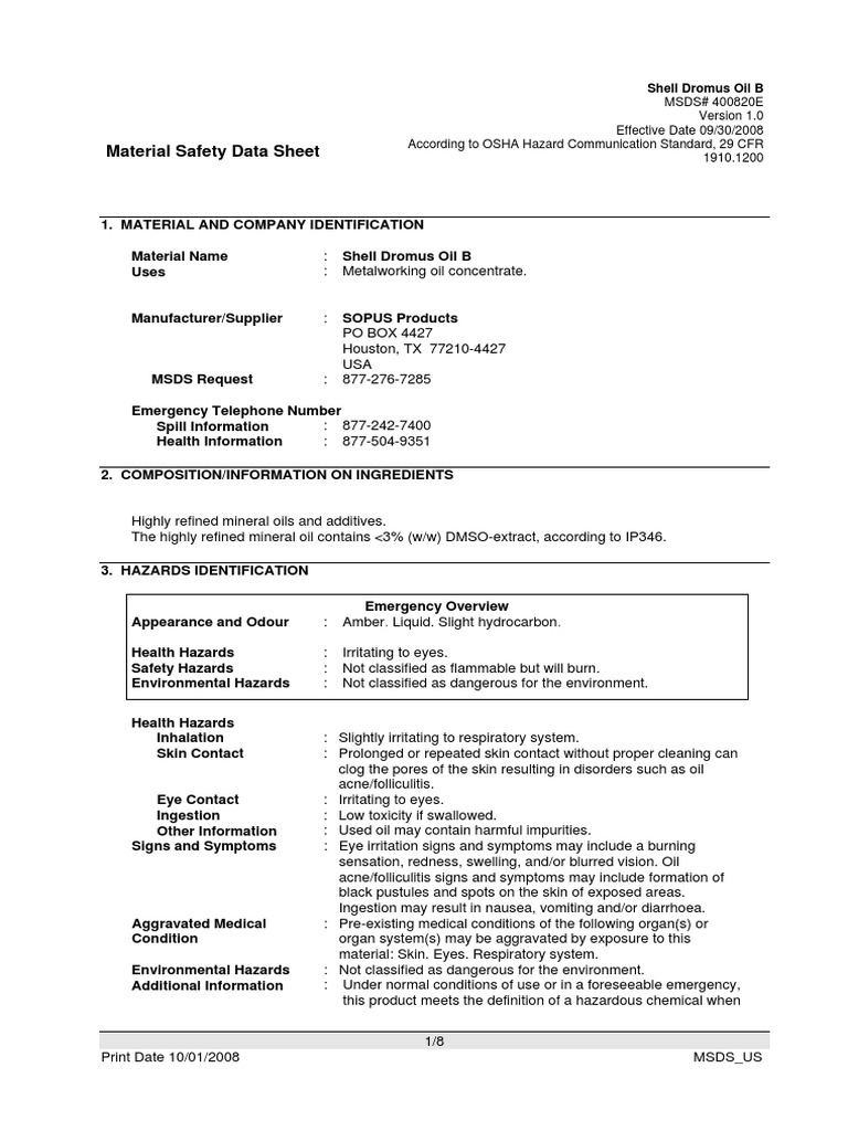 Shell Dromus Oil B Safety Data Sheet | PDF | Personal Protective ...