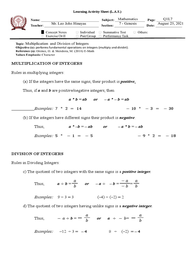 Multiplication of Integers: Examples: 7 2 14 | PDF