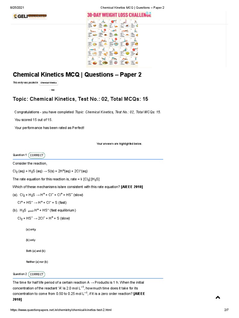 Chemical Kinetics MCQ - Questions - Paper 2 | PDF | Reaction Rate ...
