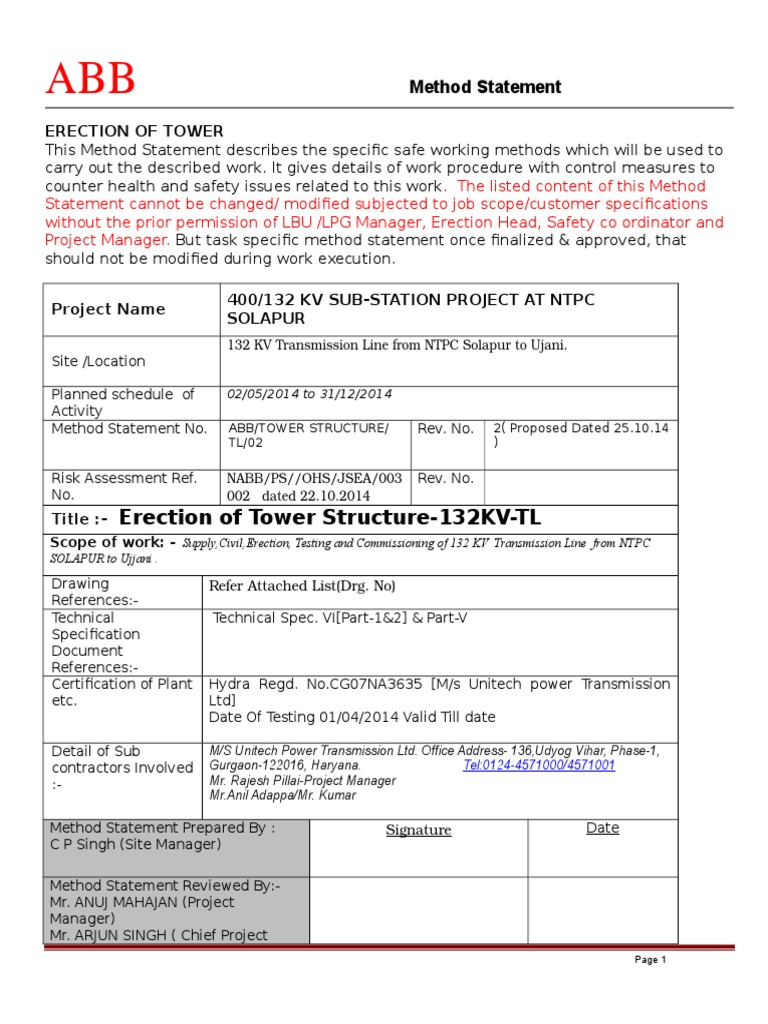 Tower Erection Method Statement | PDF | Crane (Machine) | Emergency