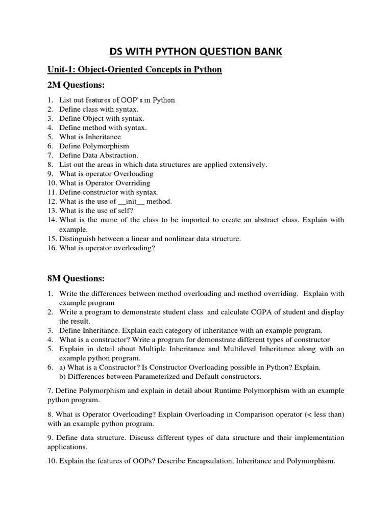 Ds With Python Question Bank: Unit-1: Object-Oriented Concepts in ...