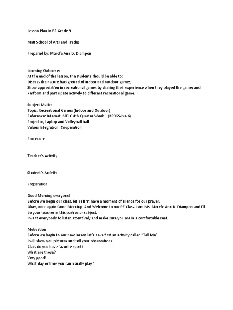 Grade 9 PE Lesson Plan: Recreational Games | PDF | Lesson Plan | Teachers