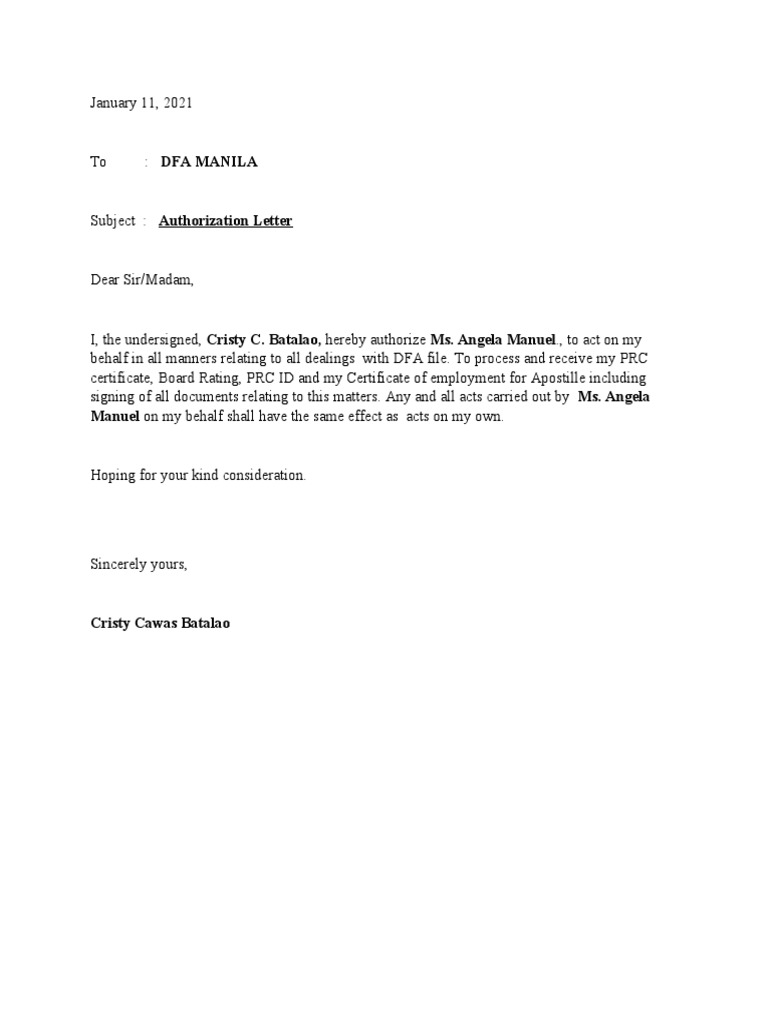 Authorization Letter for DFA Apostille | PDF | Law