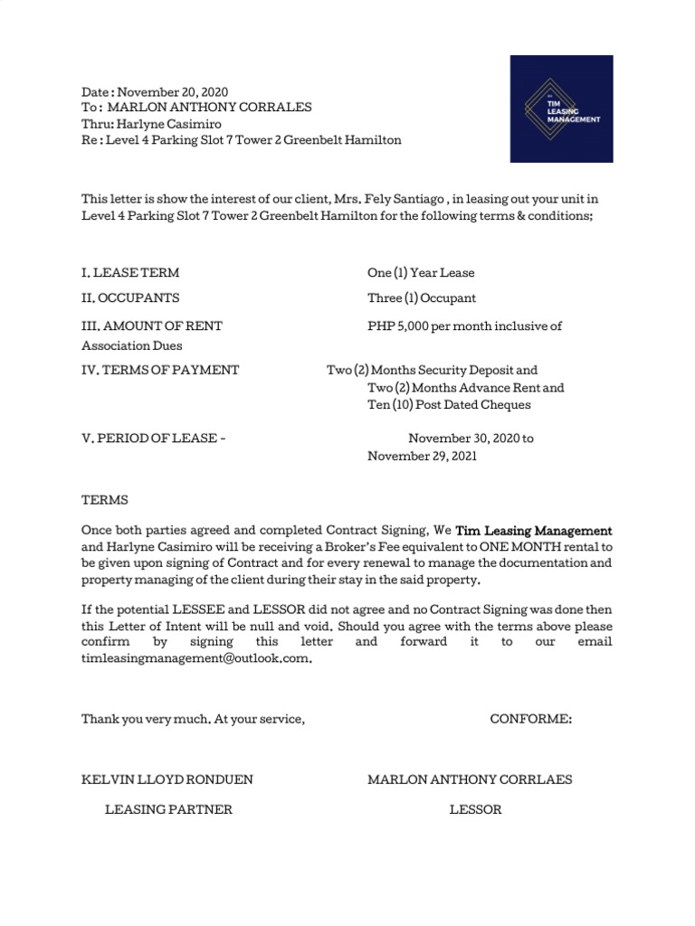 Letter of Intent To Lease | PDF