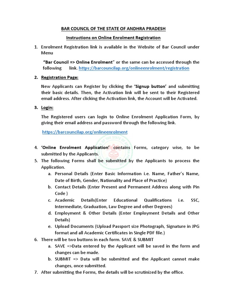Bar Council of The State of Andhra Pradesh Instructions On Online