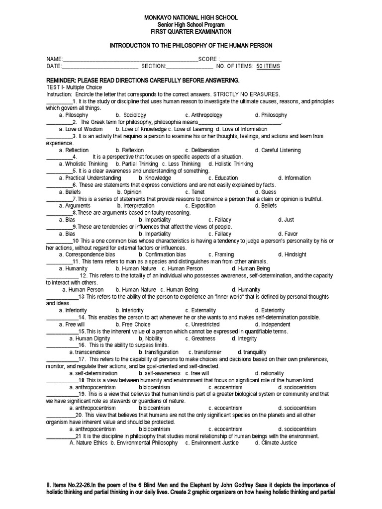 Grade 12 Philosophy 2nd Quarter Exam | PDF | Reason | Bias