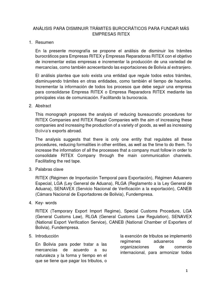 Simplificación de Trámites RITEX en Bolivia | PDF | aduana | Exportaciones