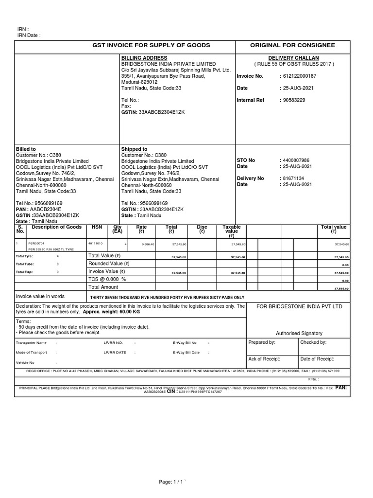 GST Invoice for Bridgestone Tyres | PDF | Invoice | Accounting