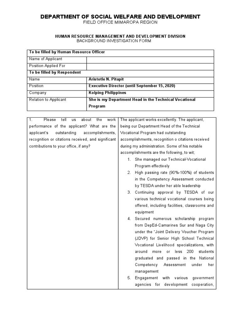 Background Investigation Form PDF