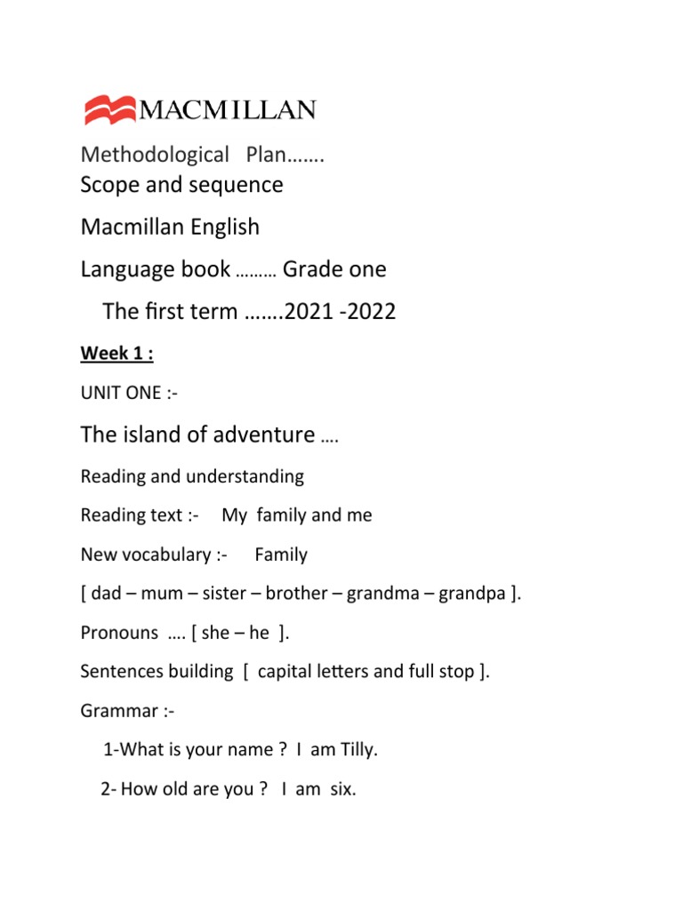 Scop and Sequence English Language Grade One PDF Phonics