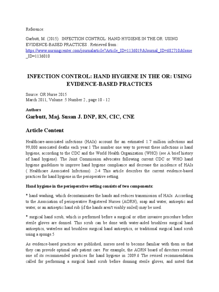 Infection Control Hand Hygiene in The Or Using EvidenceBased