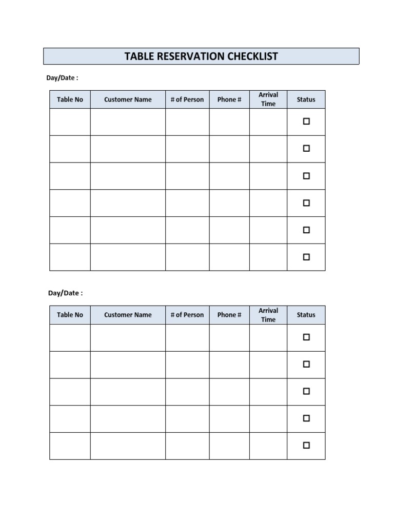 Table Reservation Checklist Template | PDF