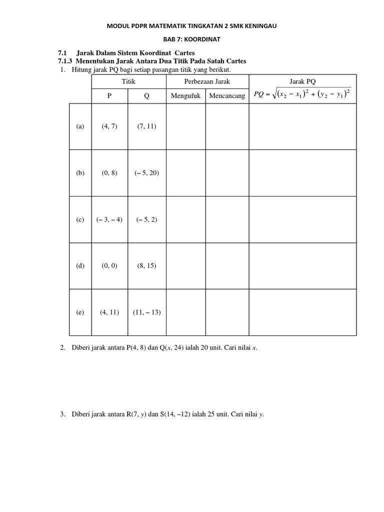 Bab 7 7 1 3 Jarak Dalam Sistem Koordinat Cartes Pdf