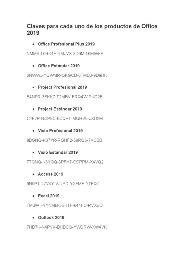 Claves para Cada Uno de Los Productos de Office 2019 | PDF | Microsoft  Office | Software de negocios
