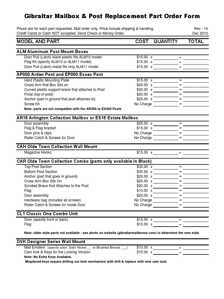 Gibraltar Mailbox & Post Replacement Part Order Form Cost Quantity Total Model and Part PDF