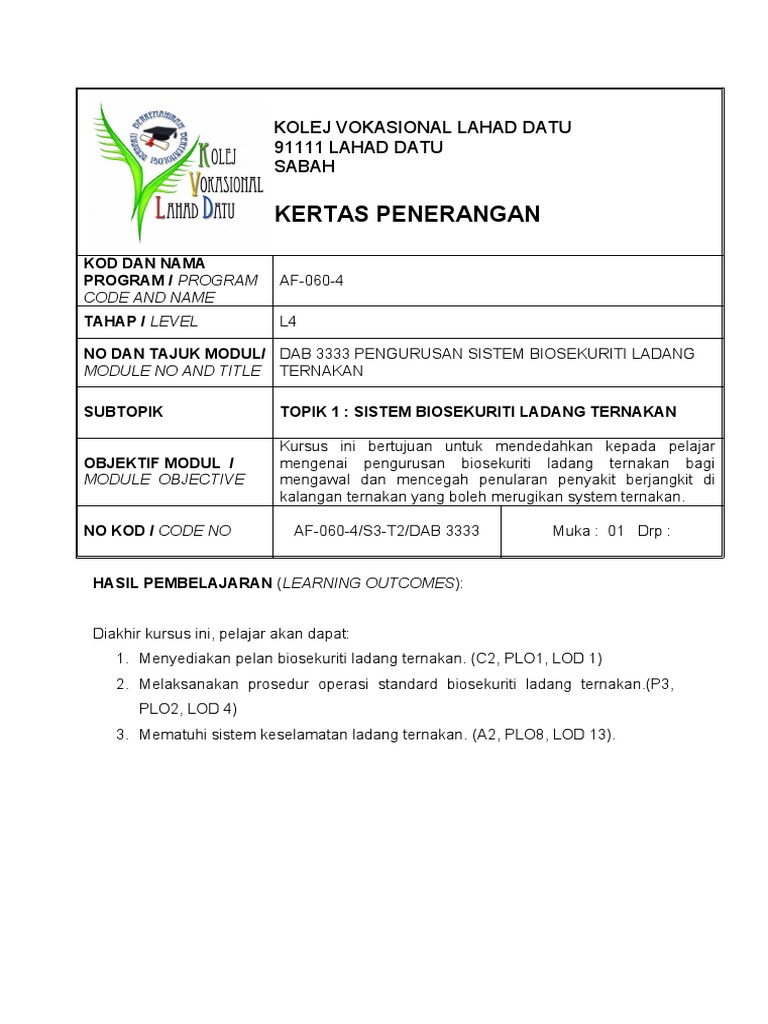 Dab 3333 Topik 1 Sistem Biosekuriti Ladang Ternakan Pdf