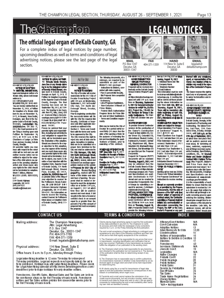 The Champion Legal Ads: 08-26-21 | PDF | Request For Proposal