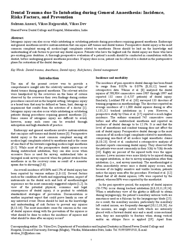Dental Trauma Due To Intubating During General Anaesthesia