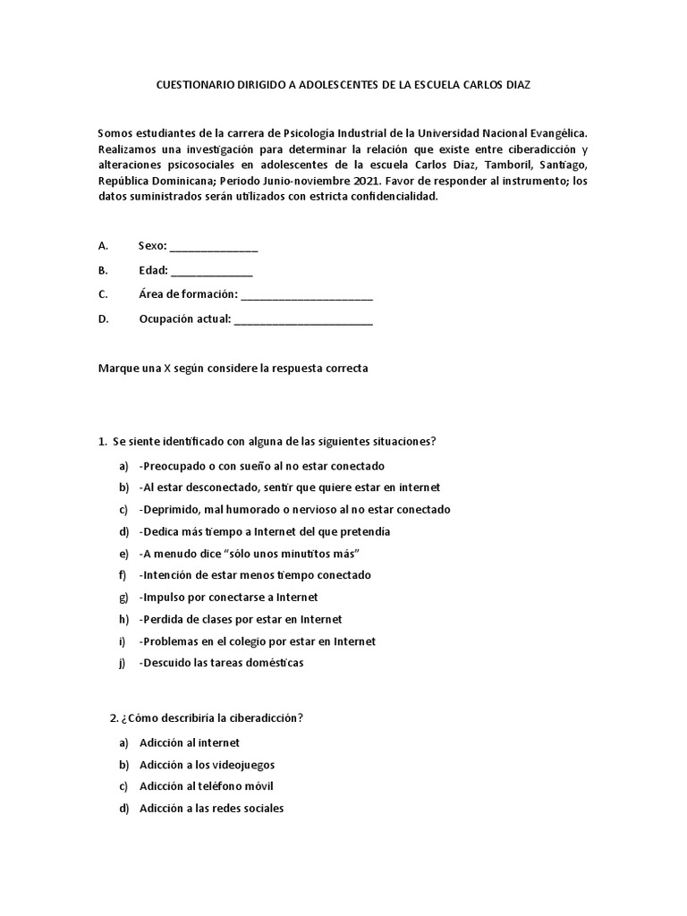 Ciberadicción en Adolescentes: Cuestionario | PDF | Internet | Adolescencia