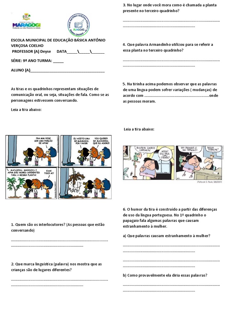Atividade Portugues Variação Linguistica 9 Ano - Prof Deyze | PDF ...