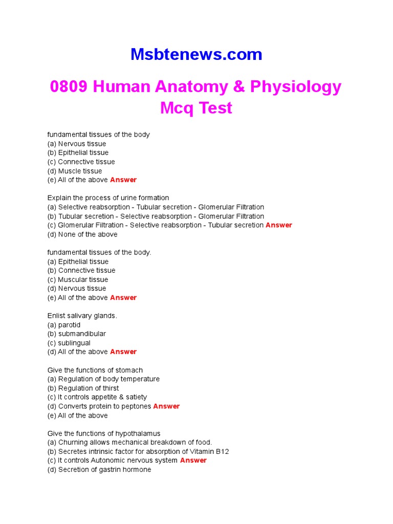 Human Anatomy and Physiology MCQ With Answers PDF | PDF | Human Body | Heart