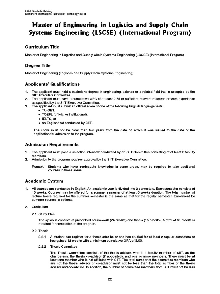 Master of Engineering in Logistics and Supply Chain Systems Engineering ...