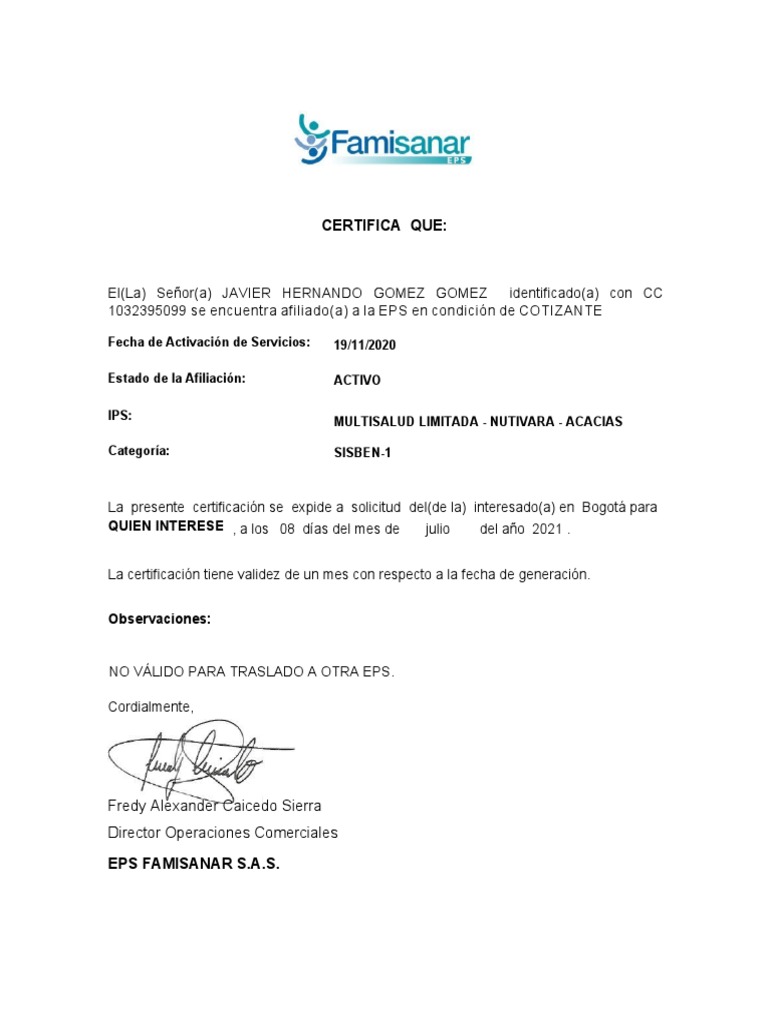 Certificado de Afiliación EPS Famisanar | PDF | Finanzas y dinero