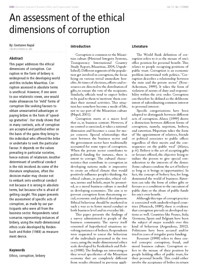 An Assessment of The Ethical Dimensions of Corruption: Literature | PDF ...