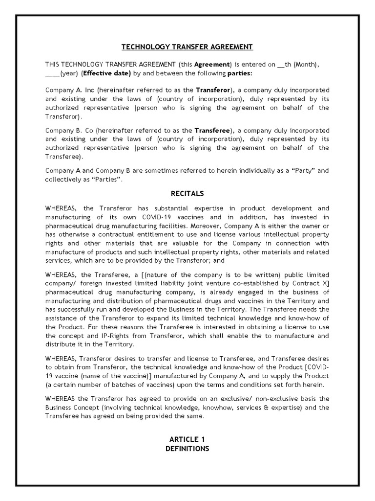 TECHNOLOGY TRANSFER AGREEMENT Draft | PDF | Indemnity | Know How