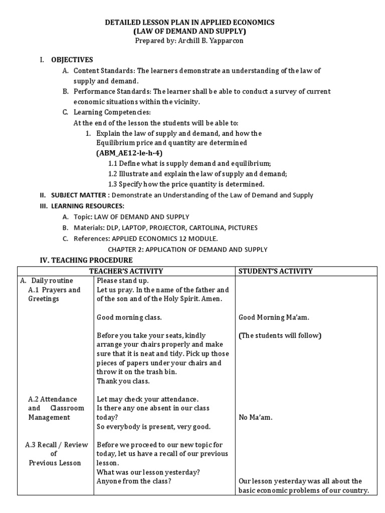 Detailed Lesson Plan On Economics | PDF | Supply (Economics) | Supply ...