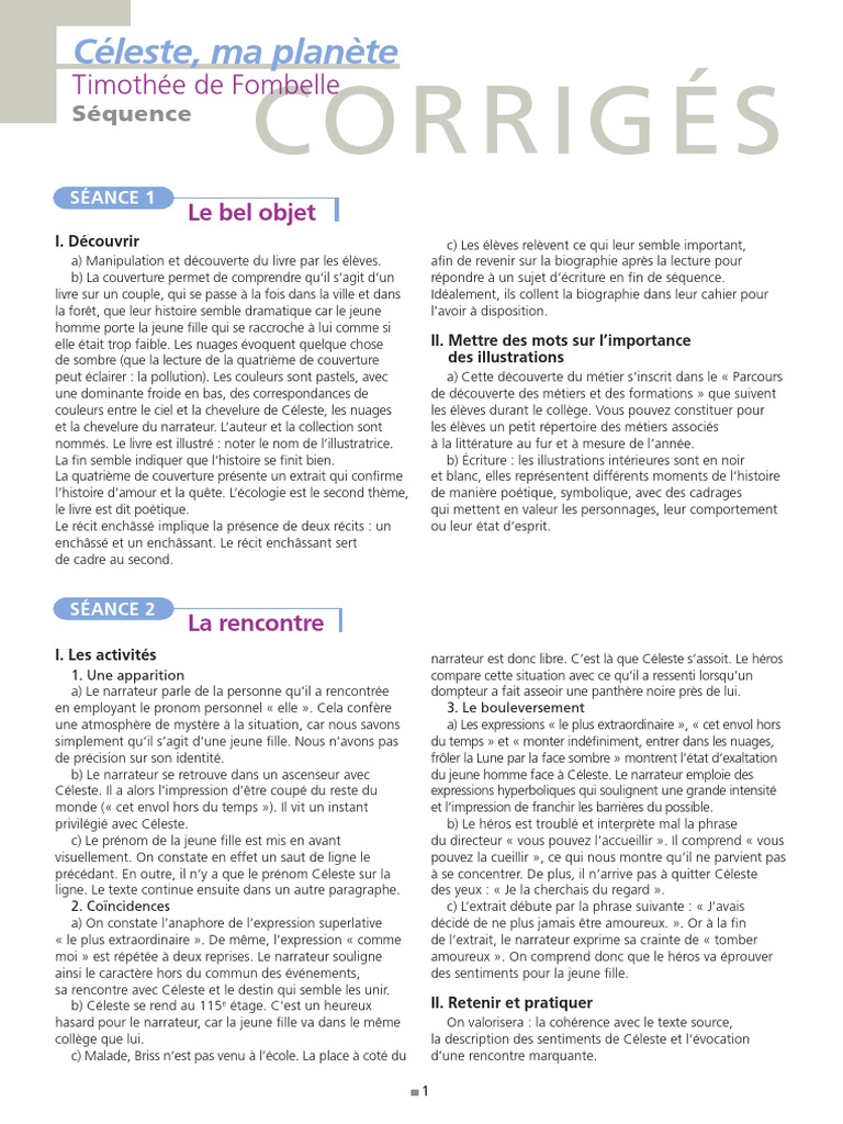 Céleste Ma Planète Résumé Chapitre 1 Celeste Corriges | PDF | Linguistique