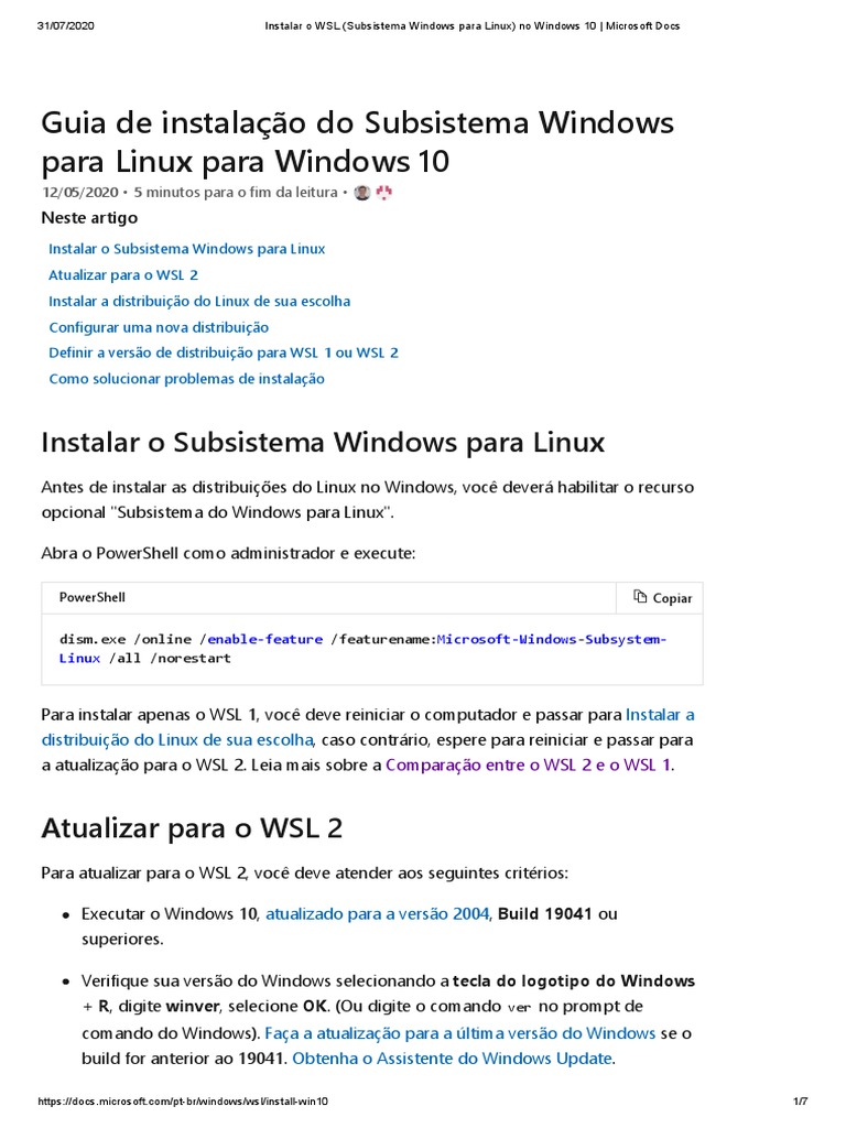 Instalação do WSL no Windows 10 | PDF | Distribuição Linux | Windows 10