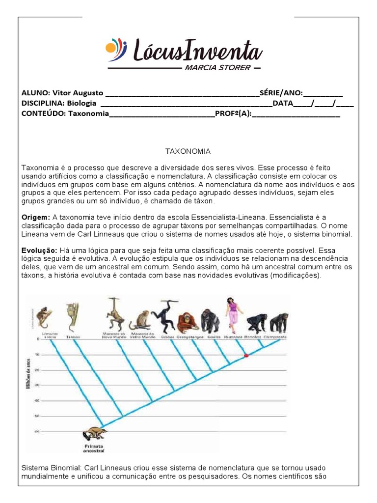 Taxonomia Atividade | PDF | Taxonomia (Biologia) | Gênero