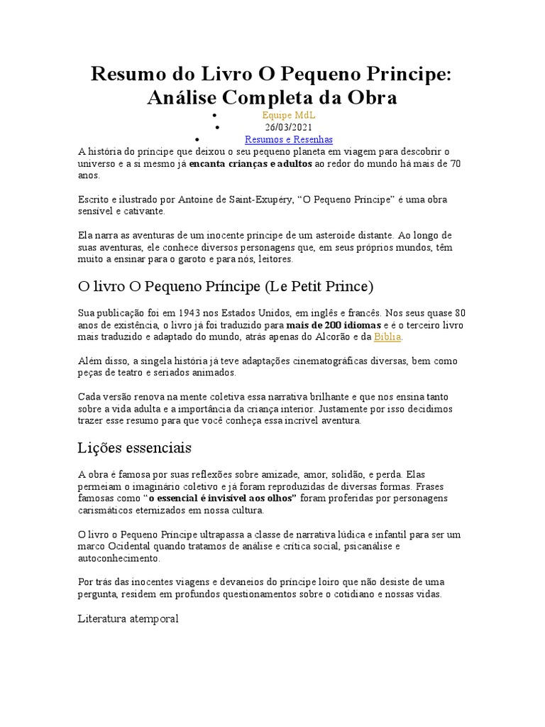 Resumo do Livro O Pequeno Príncipe | PDF | O Pequeno Príncipe