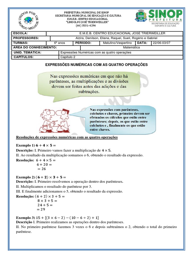 Atividade de Matemática Expressões Numéricas Com As Quatro Operações ...