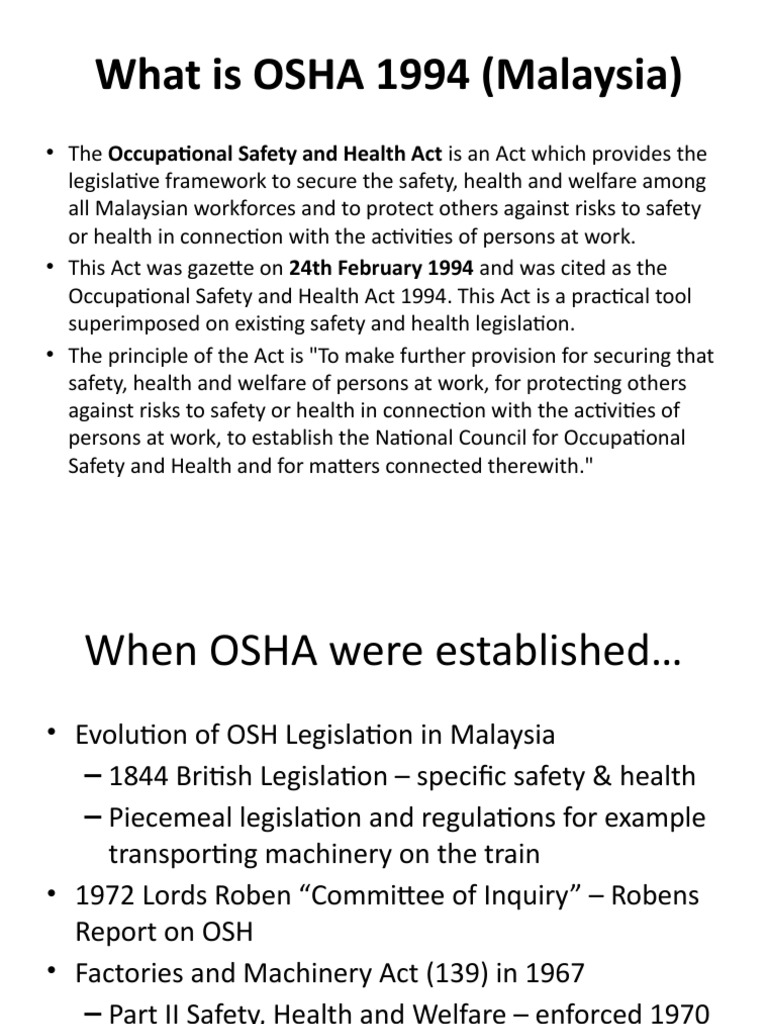 Overview of OSHA 1994 in Malaysia | PDF