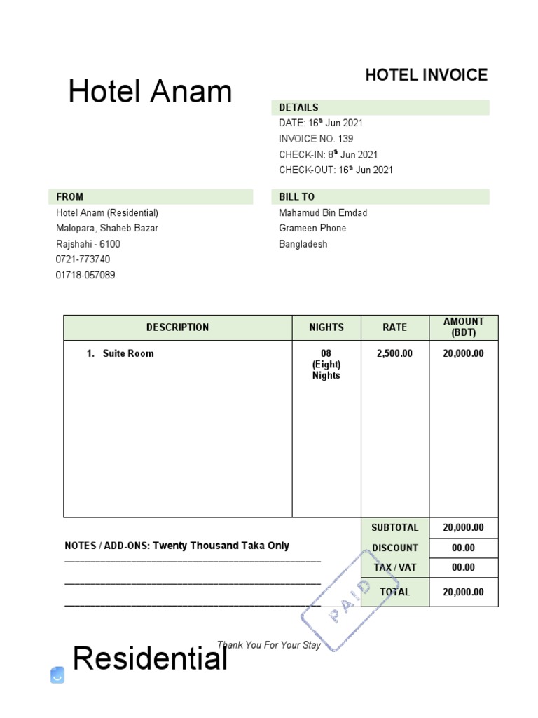 Hotel Room Invoice Template PDF