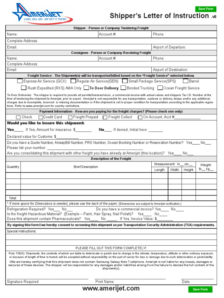 Shipper's Letter of Instruction Form | PDF | Cargo | Freight Transport