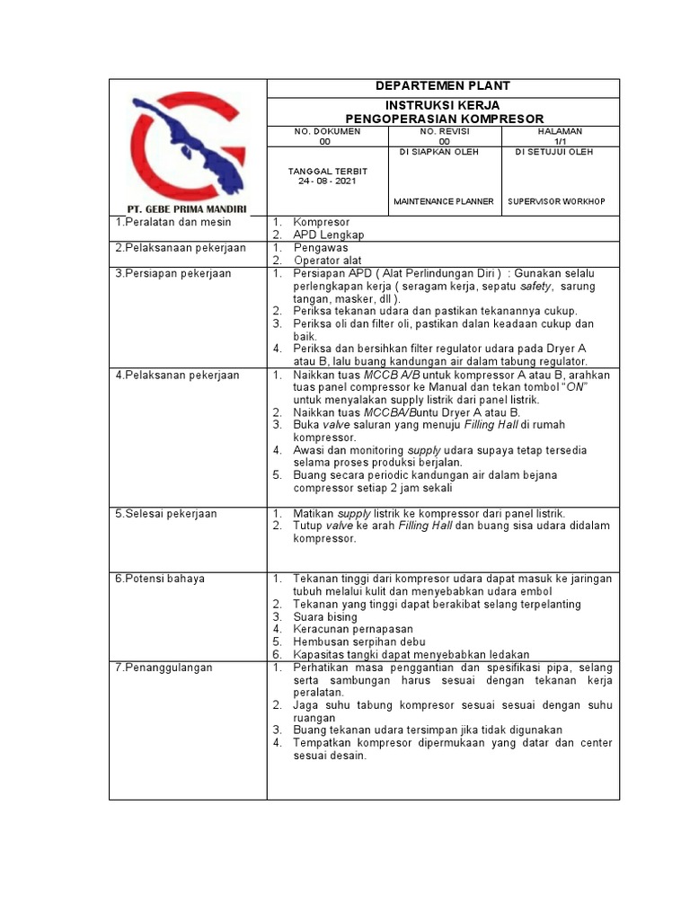 02 Ik Pengoperasian Kompresor Oke | PDF