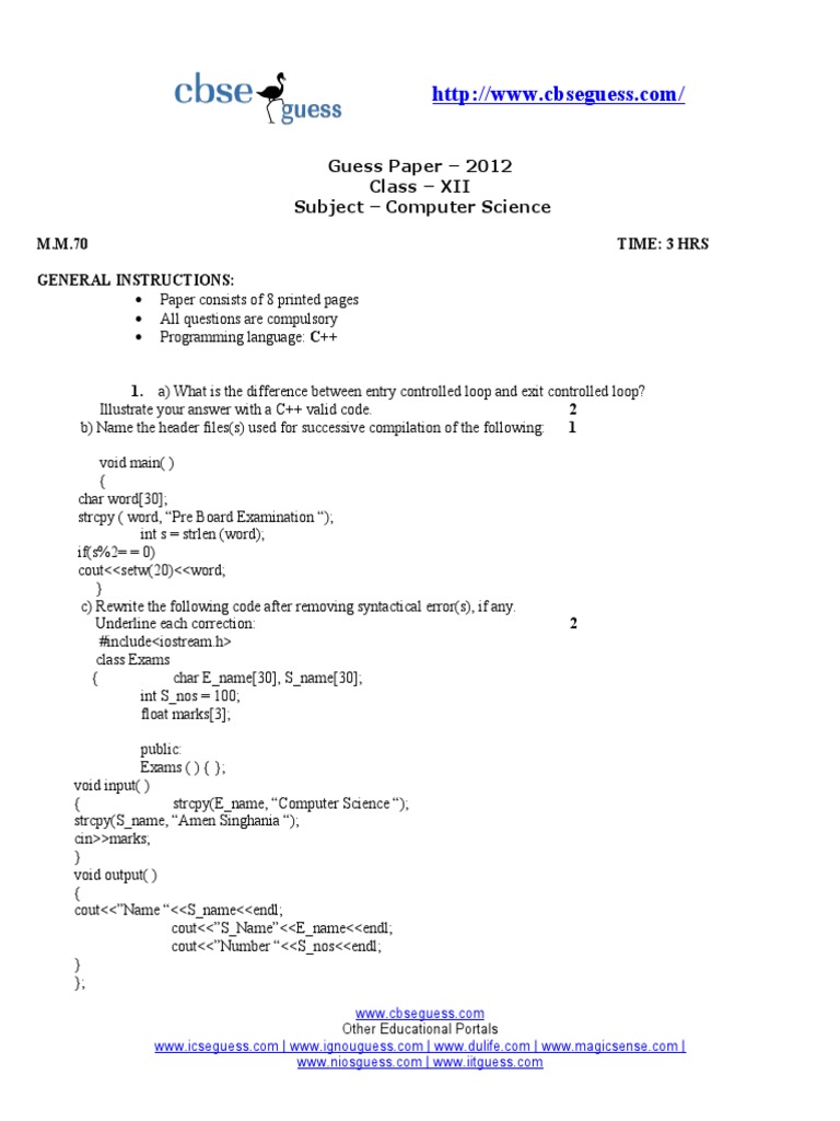 C++ Computer Science Guess Paper 2012 | PDF | Array Data Structure ...