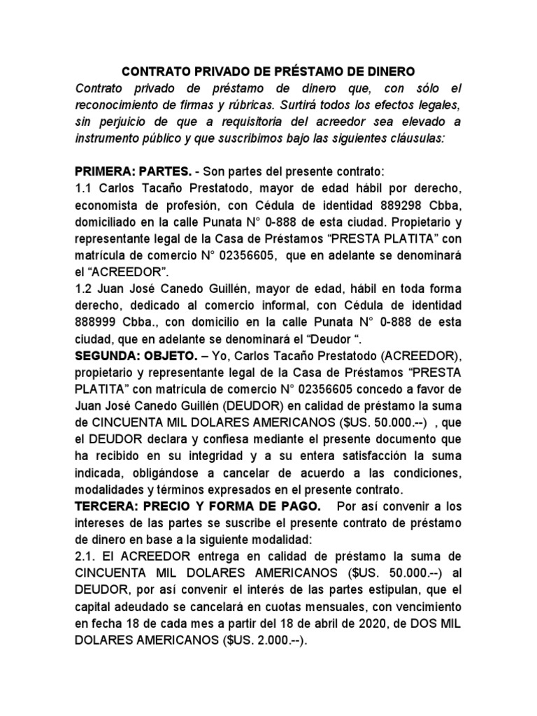 Contrato Privado de Préstamo de Dinero | PDF | Pagos | Economias