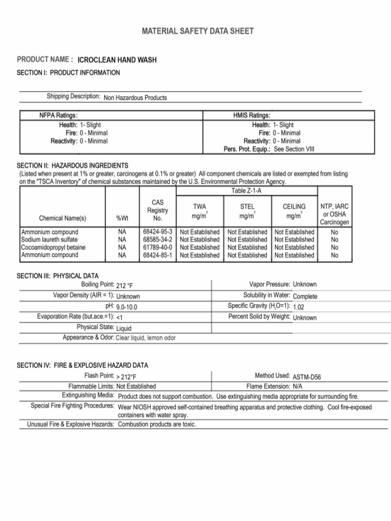 Msds Hand Wash | PDF | Sodium | Fires