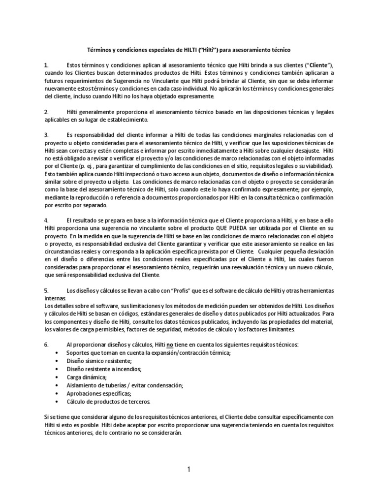 Términos de Asesoramiento Técnico Hilti | PDF | Software | Diseño