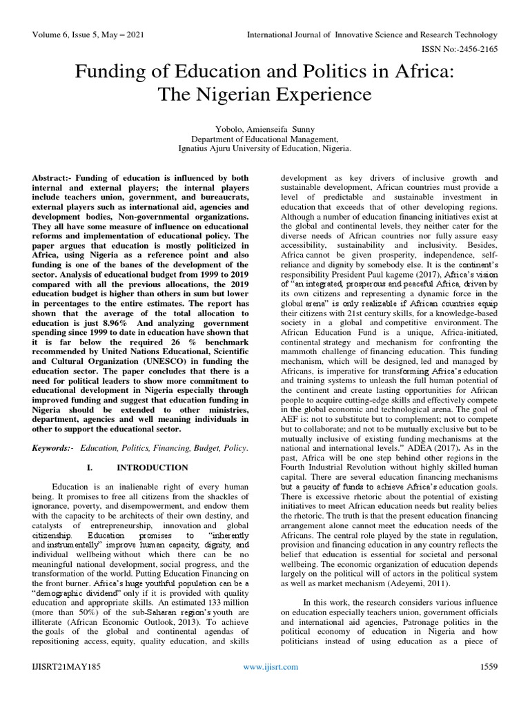 Funding of Education and Politics in Africa The Nigerian Experience ...