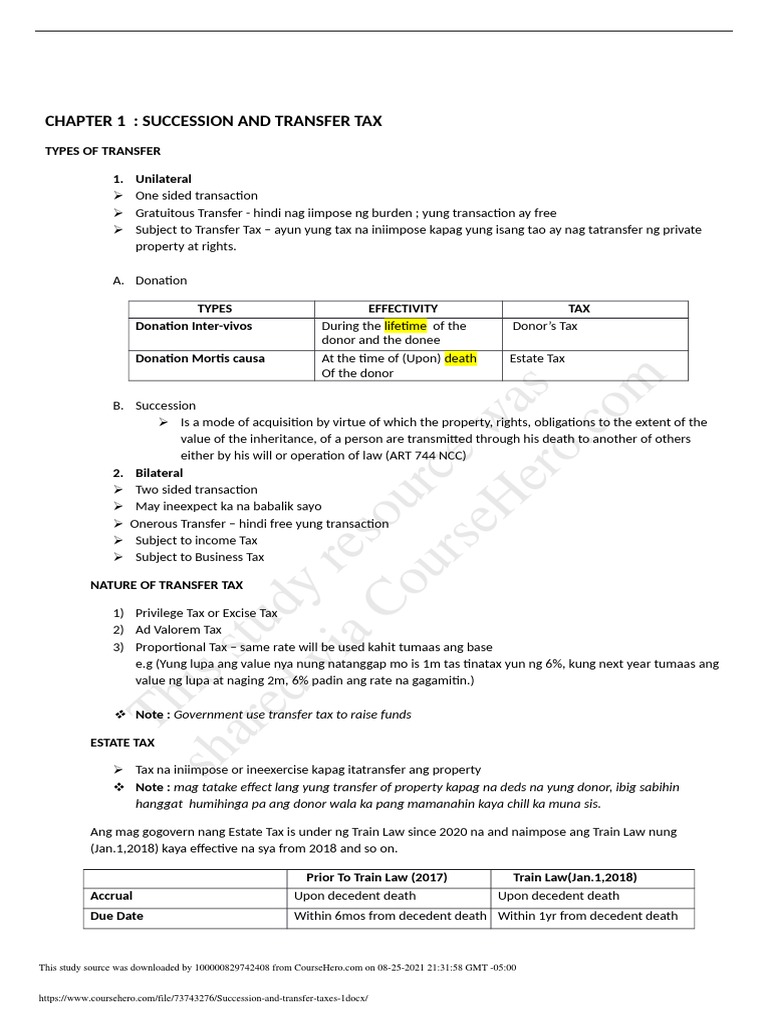 Succession and Transfer Tax Overview | PDF | Taxes | Common Law