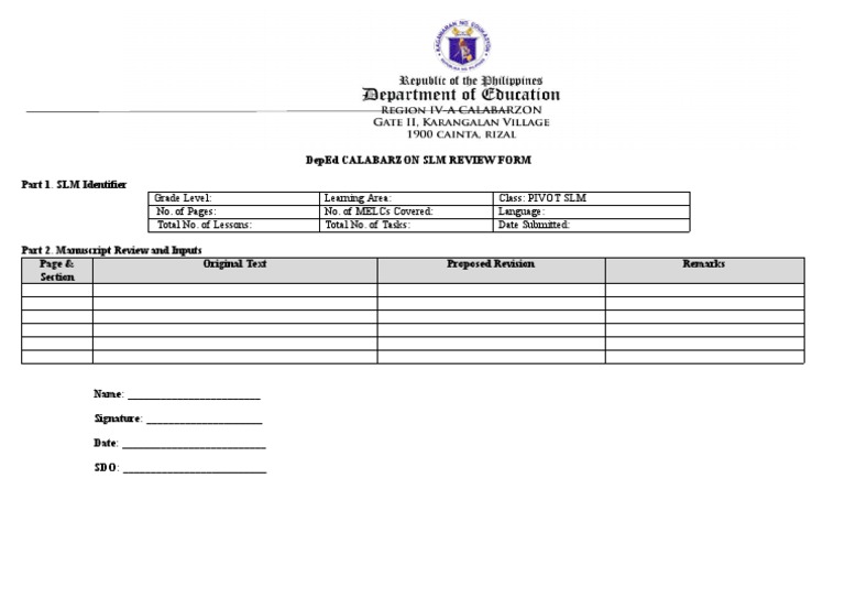 DepEd CALABARZON SLM Review Form BLANK FILE DOWNLOAD AND EDIT THIS | PDF